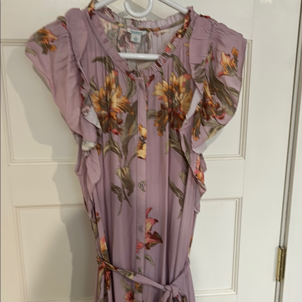 Lilac Floral Ruffle Sleeve Button Front Dress, Built In Liner